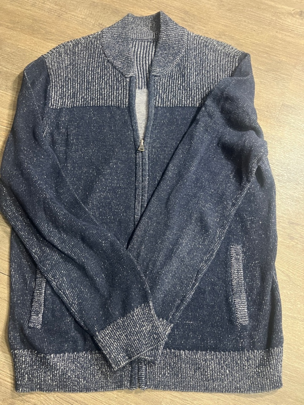 Express Men's Navy and Heather Gray Zip-Up Knit Cardigan
